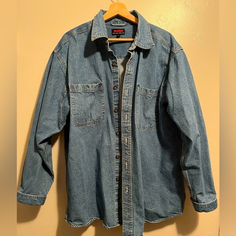 Mens Wolverine Heavy Denim Gusset Underarms Blue Cotton Button Down